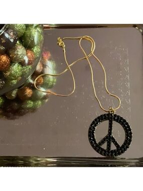 Sterling Silver 20 Inch Snake Chain Black Peace Sign Pendant
